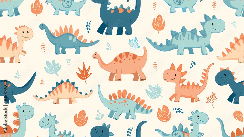 Colorful dinosaurs frolic in a whimsical prehistoric pattern