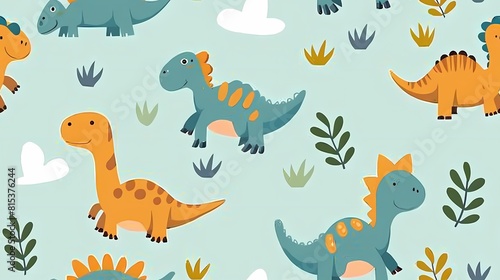 Colorful dinosaurs frolicking amidst plants and clouds