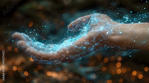 Connecting with the Digital World: Human Hand Reaches Out to Glowing Network