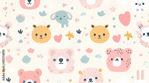 Colorful pattern of adorable animal illustrations and cute elements