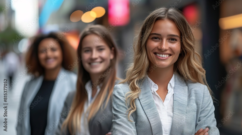 Fototapeta premium A group of professional women in business attire standing together on a bustling city street, engaged in conversation