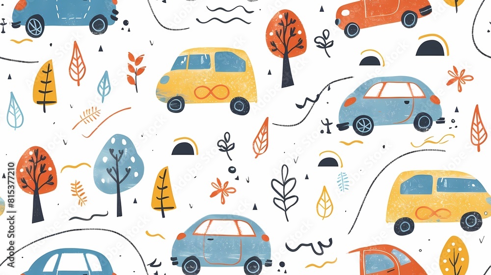 Colorful pattern of whimsical cars and trees in a playful abstract landscape Colorful pattern of whimsical cars and trees in a playful abstract landscape