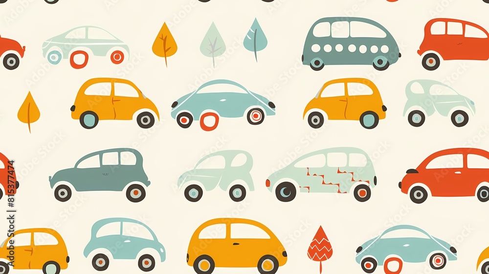 Colorful retro cars and leaves pattern Colorful retro cars and leaves pattern