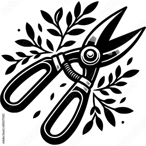 Garden hand pruner for trimming shrubs in monochrome. Trimming branches and leaves with garden shears. Simple minimalistic vector in black ink drawing on transparent background