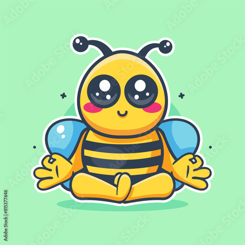 calm bee animal character mascot with yoga meditation pose isolated cartoon in flat style design 