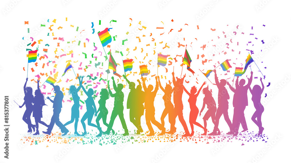 A happy pride parade raising hands and marching forward with pride flags and confetti in vivid rainbow colors on a transparent background. Isolated decorating elements for Pride month background. A happy pride parade raising hands and marching forward with pride flags and confetti in vivid rainbow colors on a transparent background. Isolated decorating elements for Pride month background.