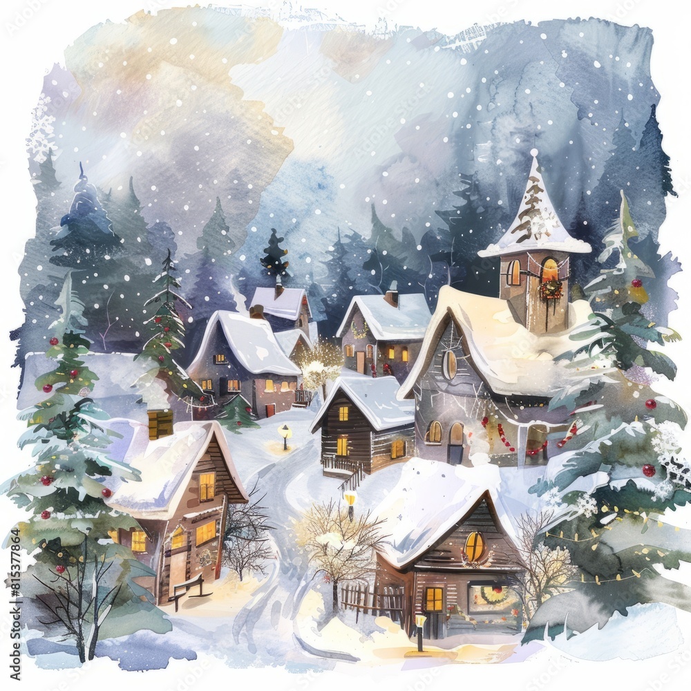 Watercolor painting of a cozy winter village scene with snow-covered rooftops and twinkling holiday lights, on isolated white background, Generative AI Watercolor painting of a cozy winter village scene with snow-covered rooftops and twinkling holiday lights, on isolated white background, Generative AI