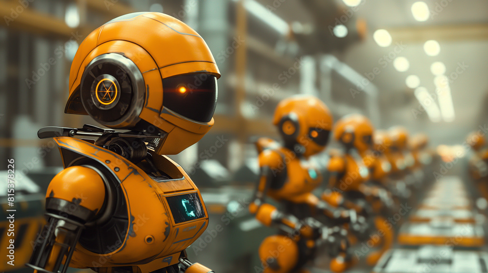 Group of yellow robots waiting to be programmed Group of yellow robots waiting to be programmed