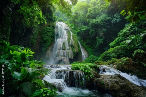 A secluded waterfall hidden deep within a lush forest, surrounded by vibrant greenery