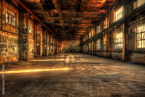 Empty industrial warehouse with weathered walls, exposed beams, and scattered debris photo