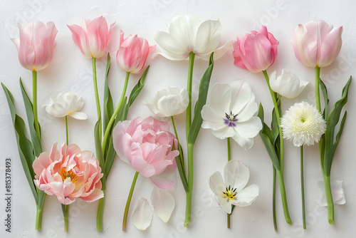 Artfully arranged spring flowers Contains tulips and peonies in delicate shades of pink and white. Neatly arranged on a light background