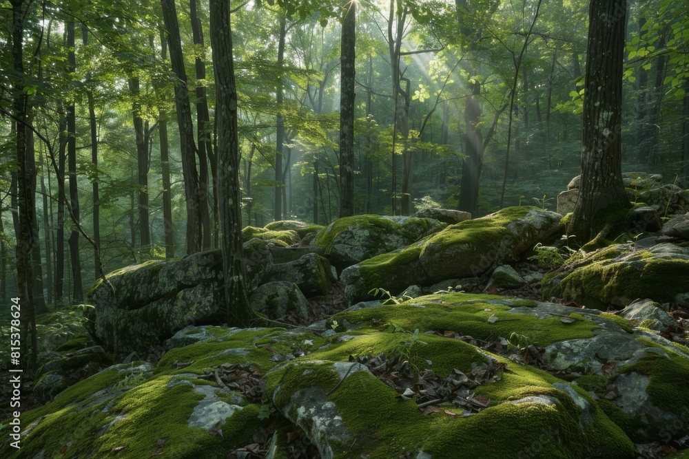 Fototapeta premium A serene forest glade with shafts of sunlight filtering through the trees onto moss-covered rocks