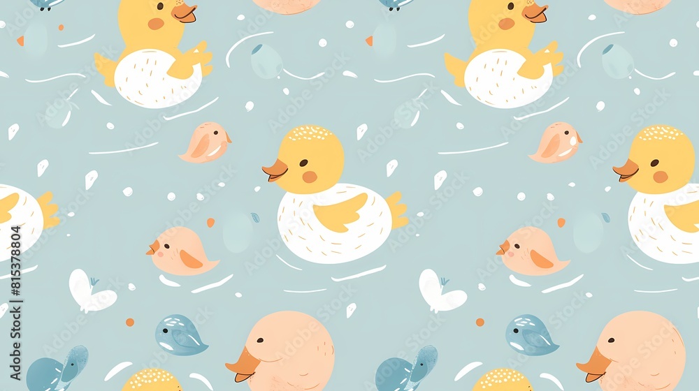 Cute ducklings and birds pattern on a pastel blue background Cute ducklings and birds pattern on a pastel blue background