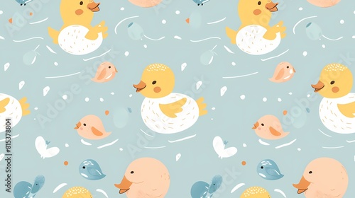 Cute ducklings and birds pattern on a pastel blue background