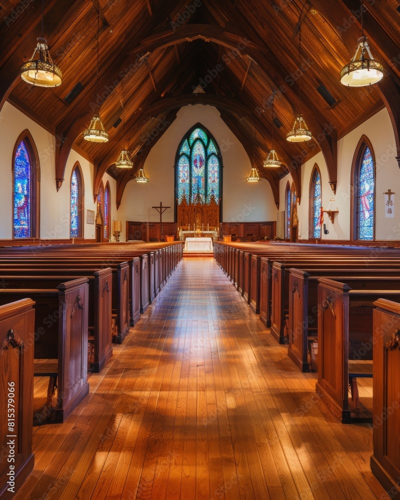Fototapeta premium Empty church sanctuary with wooden pews, stained glass windows, and a vaulted ceiling