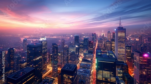 Dramatic urban skylines at twilight or nightfall, with illuminated skyscrapers, streaks of colorful lights against the darkening sky photo