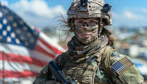 Military female soldier with the USA flag copy space background,generative ai