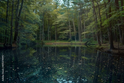 A serene forest pond surrounded by towering trees and reflected starlight