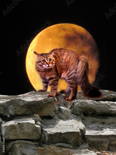 Aggressive cat with arched back, Full moon,  Halloween scary background. Gothic dark scene. Enigmatic cat on the cemetery