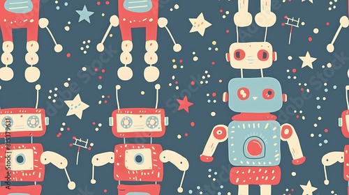 Fototapeta Naklejka Na Ścianę i Meble -  Retro robots and stars in a whimsical space themed pattern