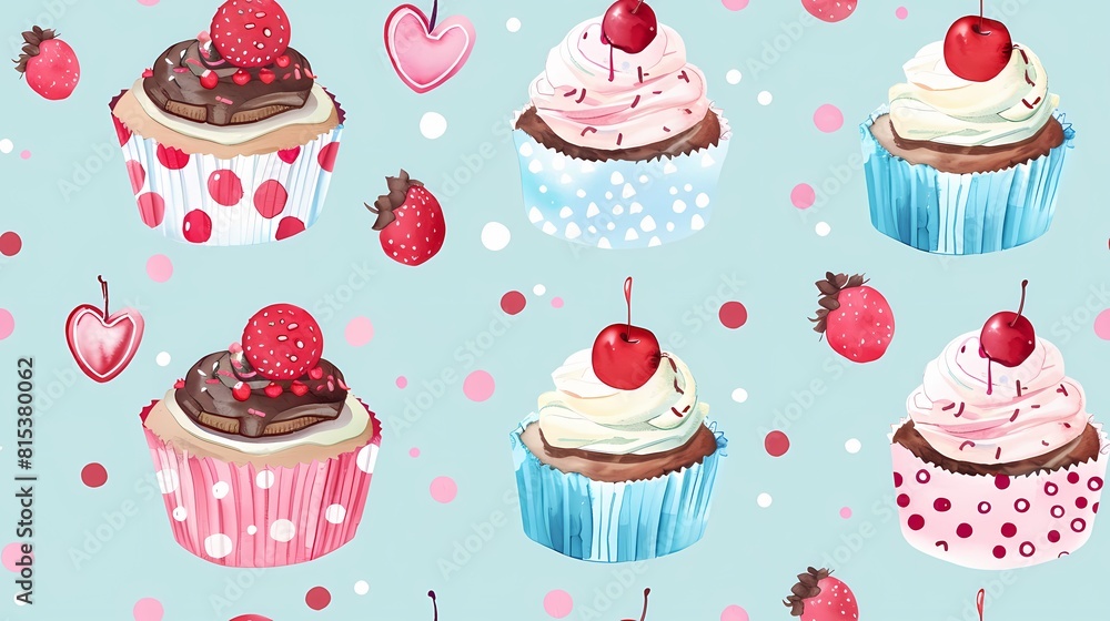 Sweet cupcake pattern with cherries and berries Sweet cupcake pattern with cherries and berries