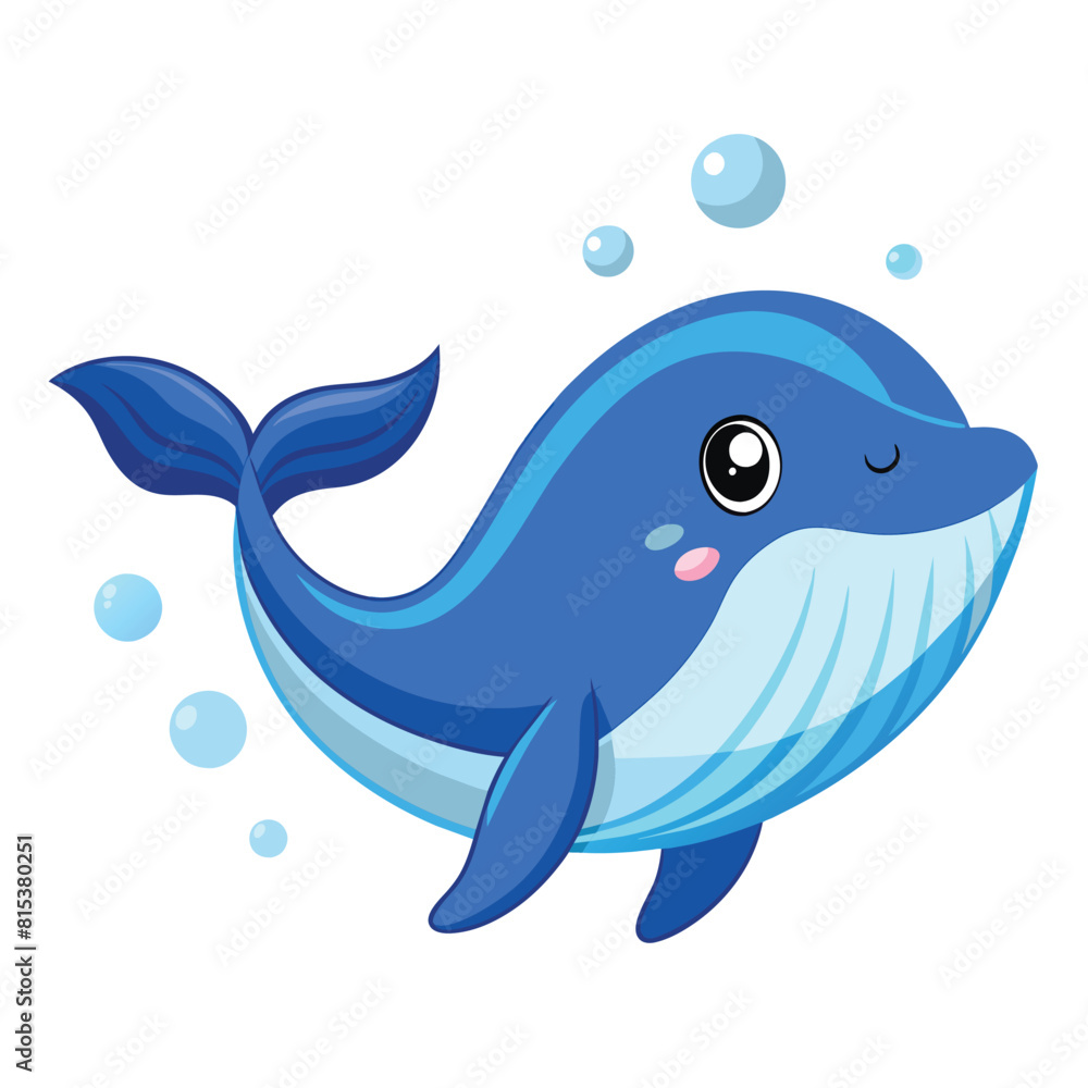 Fototapeta premium Cute Blue Whale Swimming Cartoon Vector Icon Illustration Animal Nature Icon Isolated Flat Vector