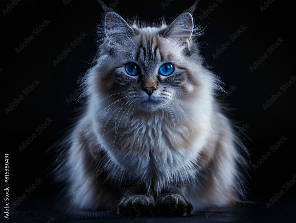 A cat with blue eyes sitting on a black background.