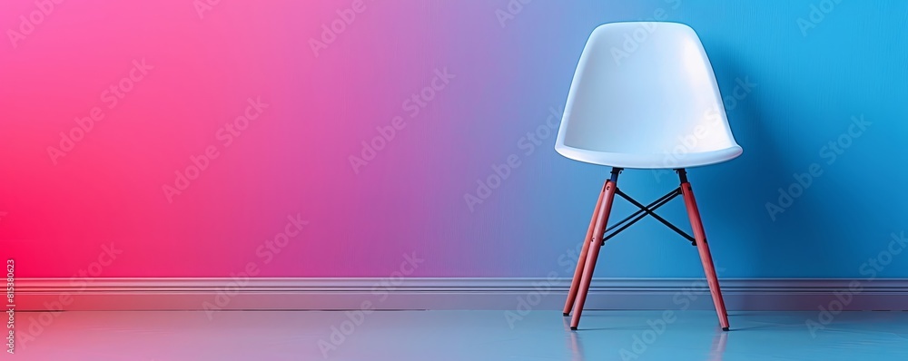 The image is a ing of a white Eames-style chair against a pink and blue background The image is a ing of a white Eames-style chair against a pink and blue background