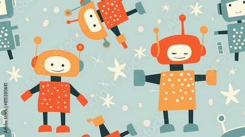 Whimsical retro robots floating in a playful space themed pattern