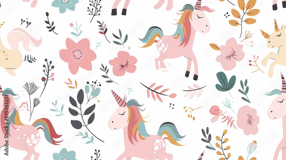 Enchanting pattern with whimsical unicorns and floral designs Enchanting pattern with whimsical unicorns and floral designs