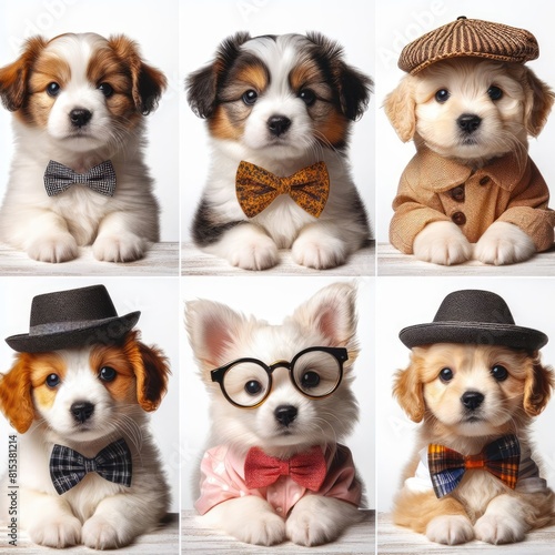 A collage of puppies wearing hats and bow ties attractive card design illustrator.