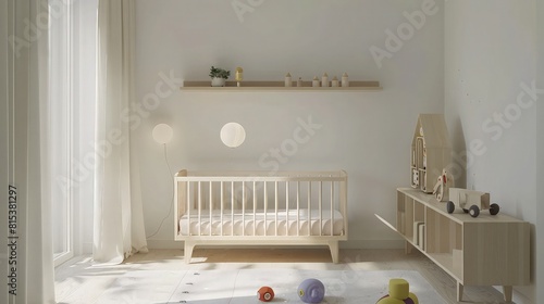  A serene baby room with a classic white crib, surrounded by soft white  walls and floating cloud decals © Sundas