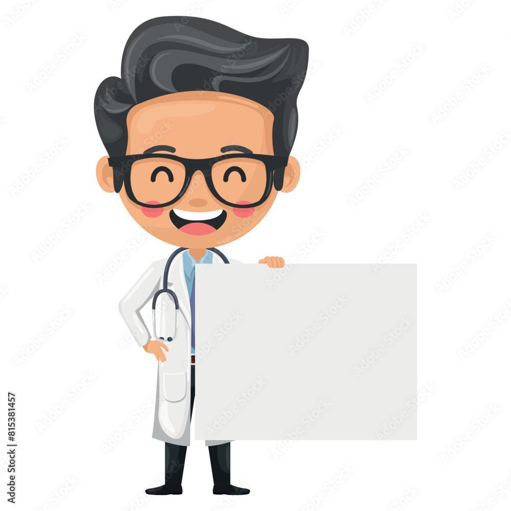 Cartoon of smiling doctor character holding a banner with space for text, advertising, presentations, brochures. Health and medicine concept. Research, science and technology in health Cartoon of smiling doctor character holding a banner with space for text, advertising, presentations, brochures. Health and medicine concept. Research, science and technology in health