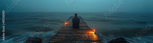 A stark contrast image of a stressed individual sitting at the edge of a lighted pier looking into a dark ocean photo