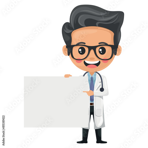 Cartoon of doctor character with a stethoscope holding a banner with space for text for advertising, presentations, brochures. Health and medicine concept. Research, science and technology in health