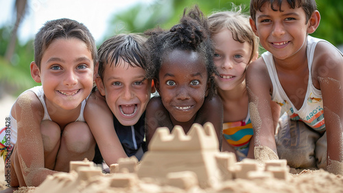 A bunch of kids constructing a sandcastle together, their grins showing as they seem proud of their work in the camera photo