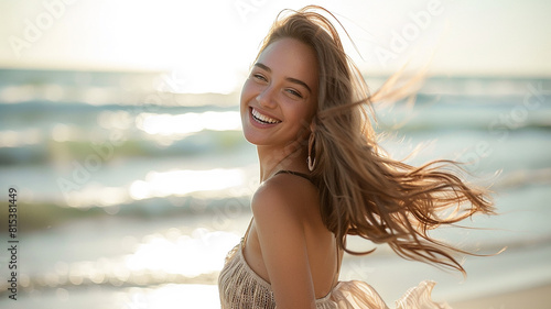A carefree young woman with long flowing hair twirls around on the beach, her sundress billowing in the breeze as she looks over her shoulder and laughs photo
