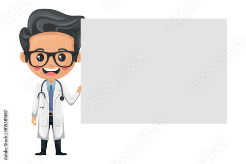 Cartoon of smiling doctor character holding a banner with space for text, advertising, presentations, brochures. Health and medicine concept. Research, science and technology in health