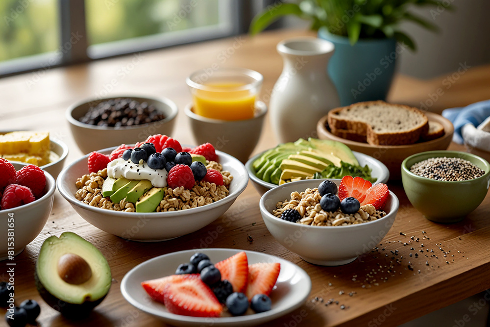 Breakfast spread featuring vitamin-enriched foods such as fortified cereals, Greek yogurt with added probiotics, fresh fruit slices, and whole grain toast topped with avocado and a sprinkle of chia se Breakfast spread featuring vitamin-enriched foods such as fortified cereals, Greek yogurt with added probiotics, fresh fruit slices, and whole grain toast topped with avocado and a sprinkle of chia se