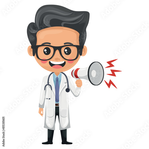 Cartoon doctor making an announcement with a megaphone. Health and medicine concept. Health professional to perform a medical examination on a patient. Research, science and technology in health