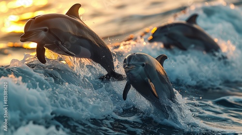 Group of Dolphins Leaping from Ocean Waves at Sunset, Dynamic Aquatic Scene, YouTube Thumbnail, Left Text Space, Realistic Marine Life © Hanzala