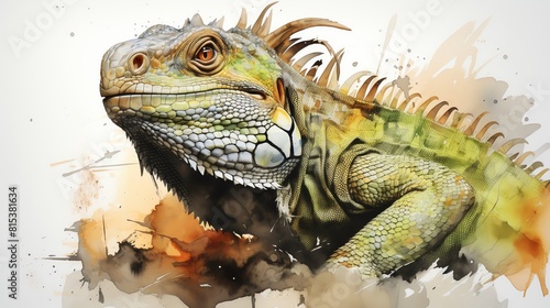 A watercolor painting of a green iguana.