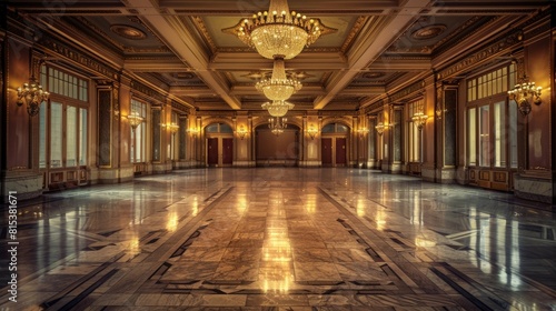 Vacant hotel lobby with elegant furnishings, marble floors, embodying the luxury