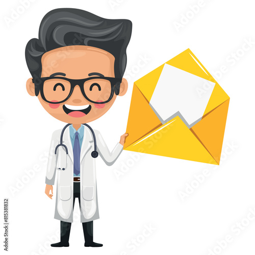 Cartoon doctor with a stethoscope with letter envelope for email. Health and medicine concept. Concept of communication, notification and contact. Research, science and technology in health