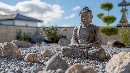 Buddha statue in zen garden amidst gravel and rocks  with sky in the background