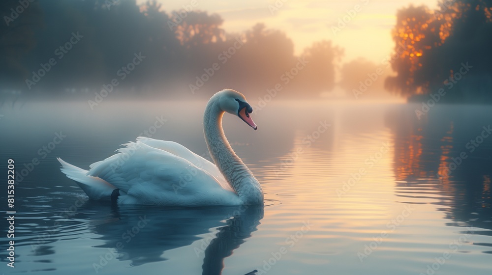 Elegant Swan on Misty Lake at Dawn, Tranquil Water, YouTube Thumbnail, Copy Space for Text on Left, Realistic Bird Scene Elegant Swan on Misty Lake at Dawn, Tranquil Water, YouTube Thumbnail, Copy Space for Text on Left, Realistic Bird Scene