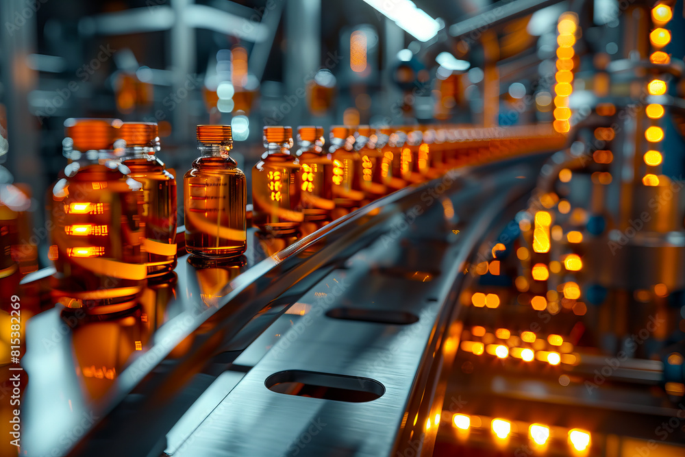 A line of bottles on a conveyor belt. A line of bottles on a conveyor belt.