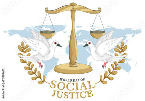 Doves, scales, and laurels on a world map background