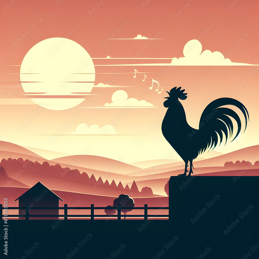 Naklejka premium Rooster singing a morning serenade, rural rustic village landscape, picturesque nature views with cereal field hills trees and the morning sun at dawn