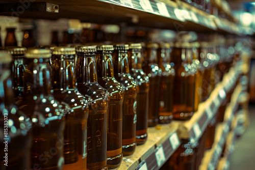 A row of beer bottles on a shelf.